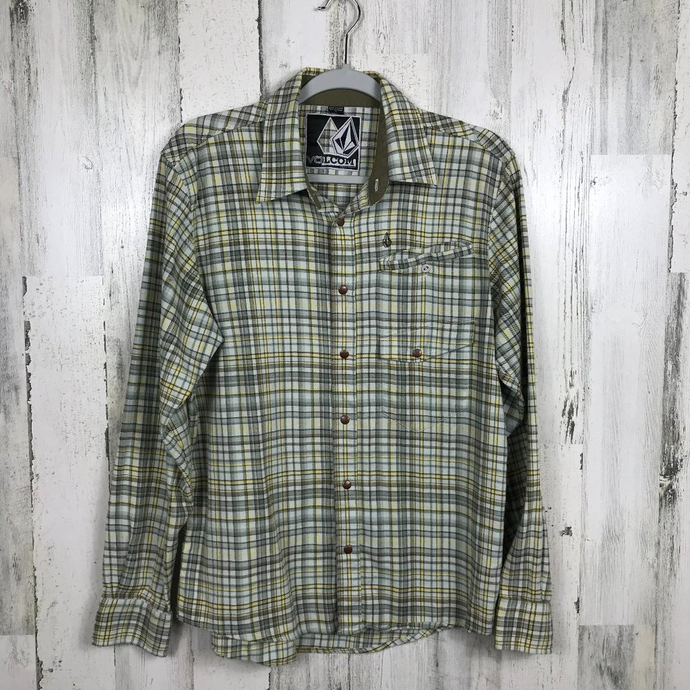 Volcom plaid snap front flannel shirt long sleeve skater size S neutral color